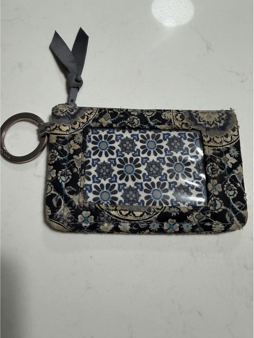 Vera Bradley ID Wallet Gray Navy White Pattern With Teal Accents